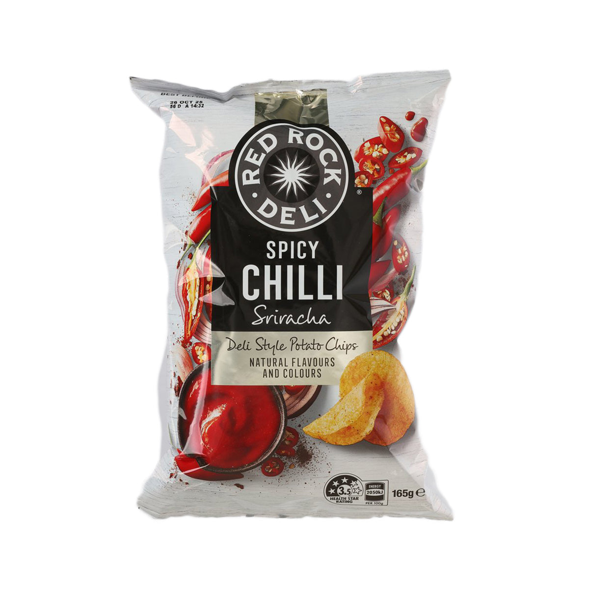 Spicy chilli sriracha potato chips bag, 165 g, front with logo and chip graphic