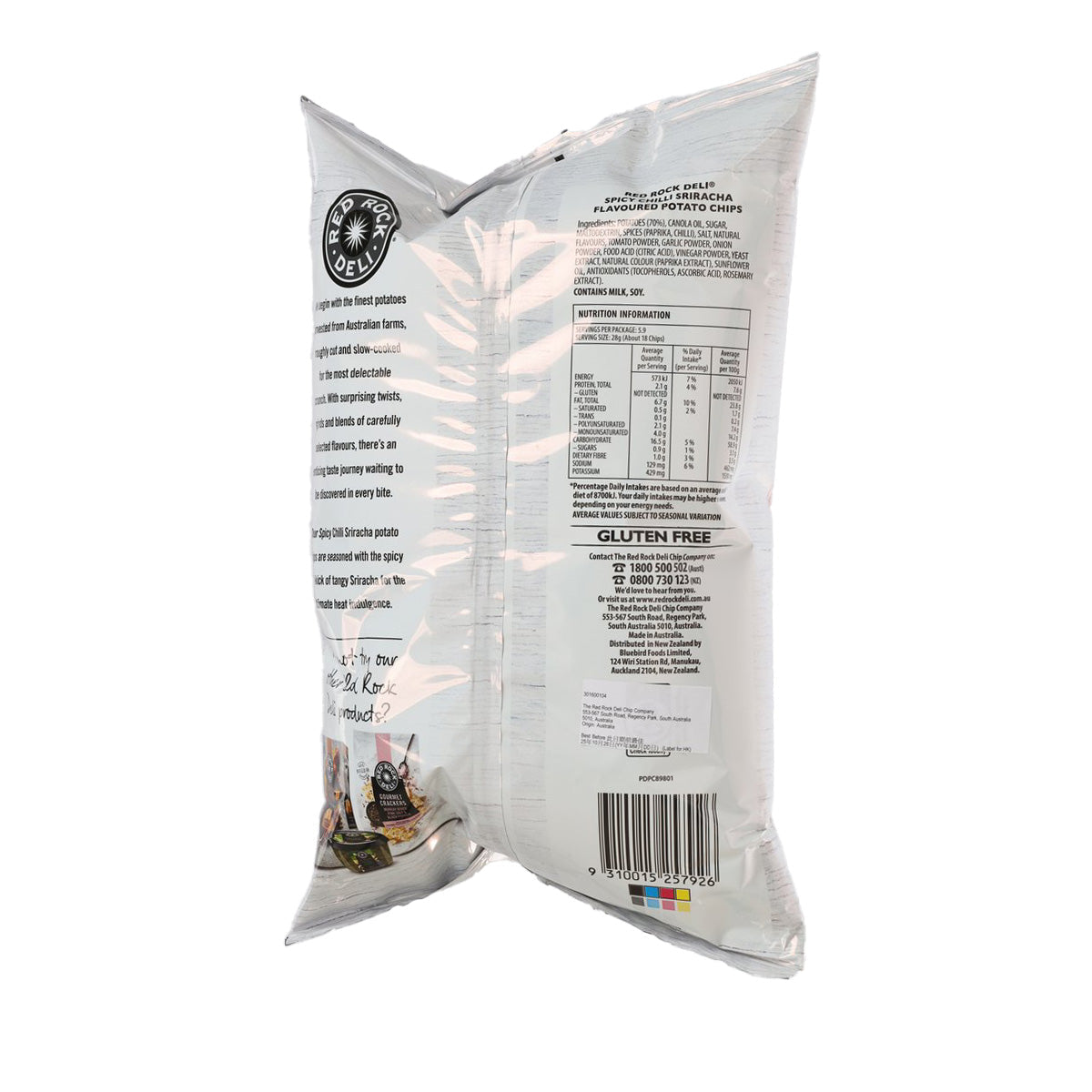 Spicy potato chips bag back label with ingredients, barcode, and gluten-free text