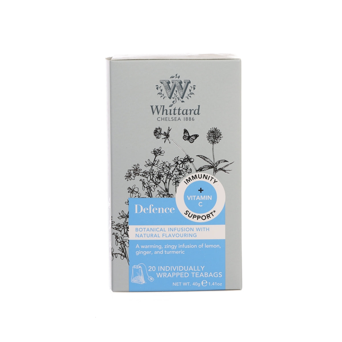Defence caffeine-free tea bag box with immunity and vitamin C badge