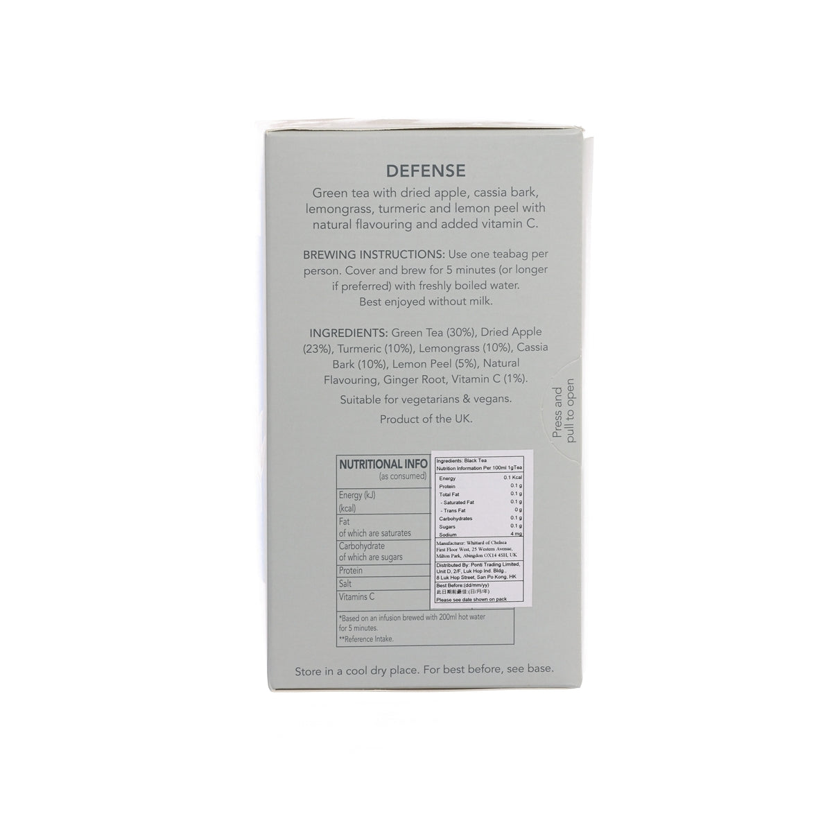Defence caffeine-free tea bag box back with ingredients and brewing instructions