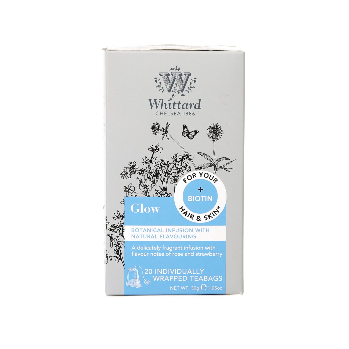 WHITTARD Glow caffeine-free tea bag box with botanical infusion and hair & skin benefit