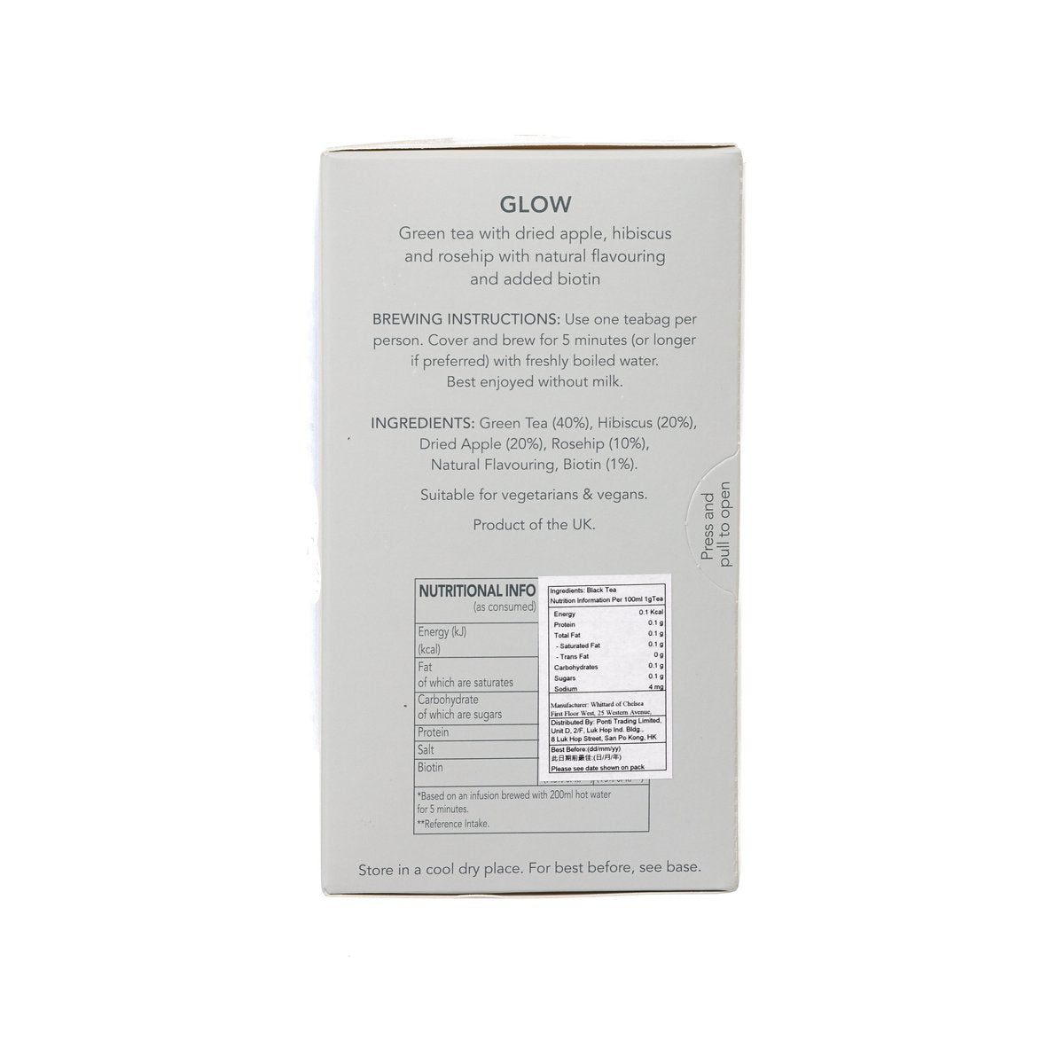 WHITTARD Glow tea bag box back with brewing instructions, ingredients, and nutritional info