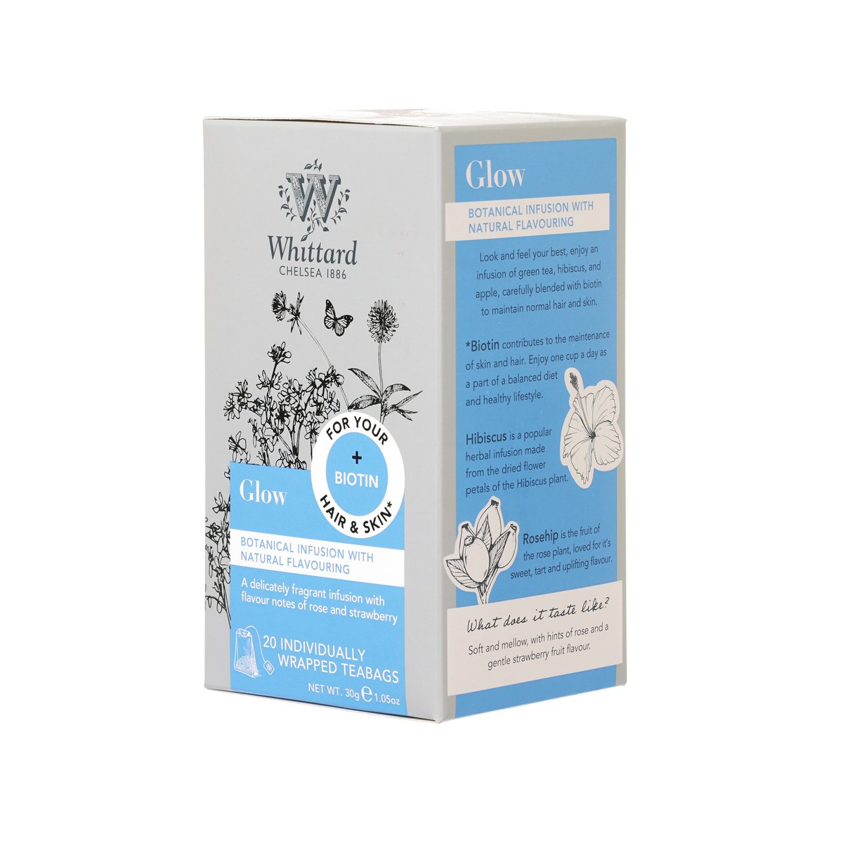 WHITTARD Glow tea bag box showing front and side panel with biotin hair & skin claim