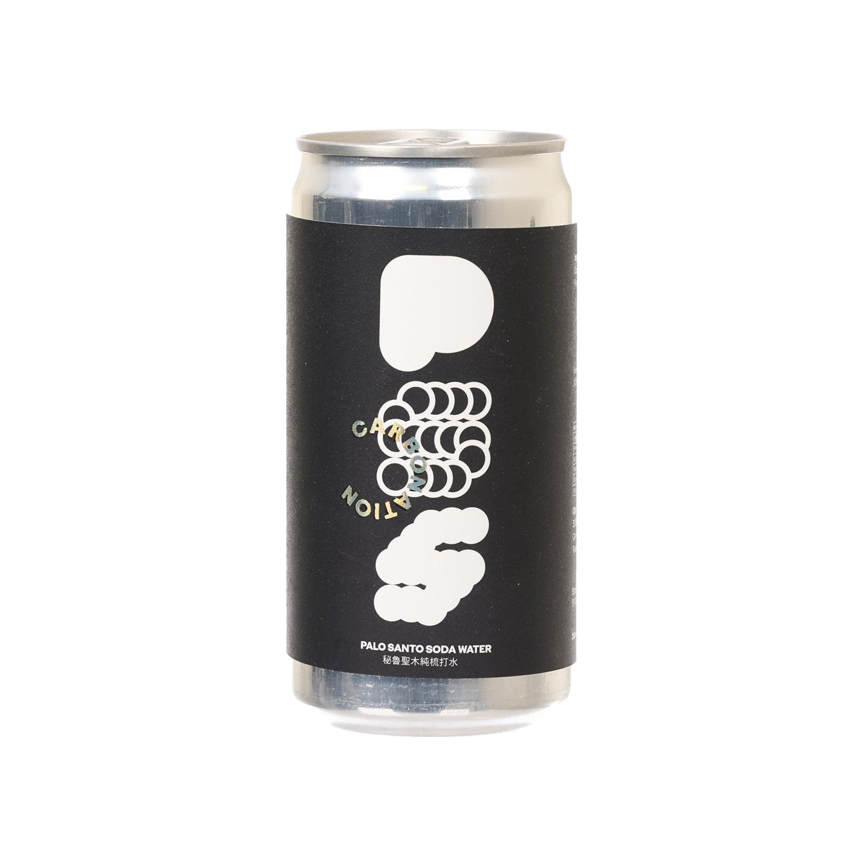 Palo Santo soda water can, black label with white logo and cloud graphic