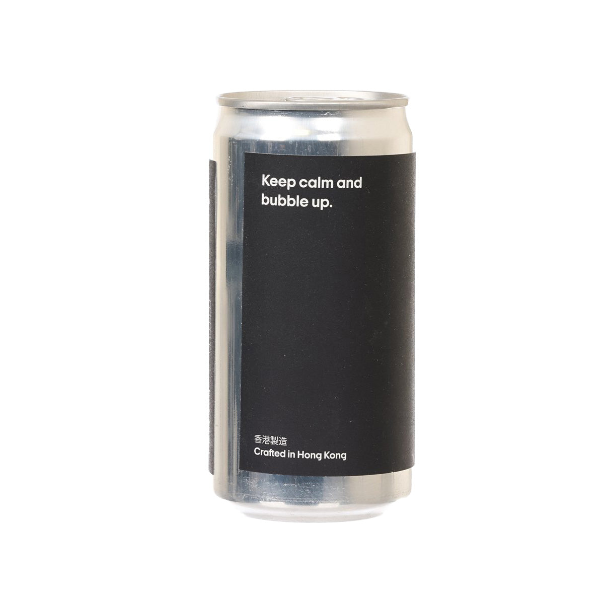 Palo Santo soda water can, black label with 'Keep calm and bubble up' text