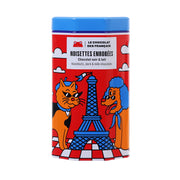 Dark and milk chocolate covered hazelnuts tin, front label with cartoon illustration