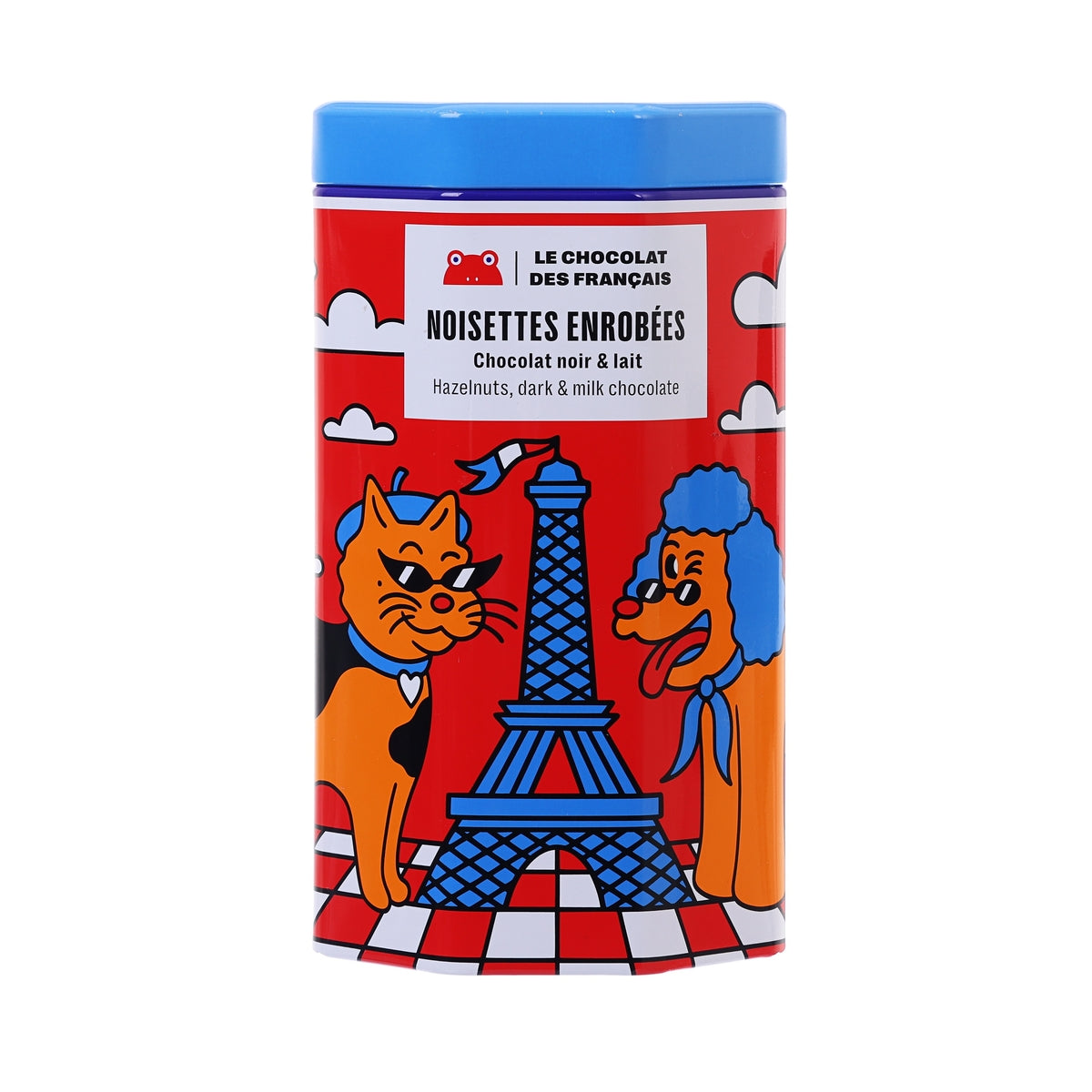 Dark and milk chocolate covered hazelnuts tin, front label with cartoon illustration