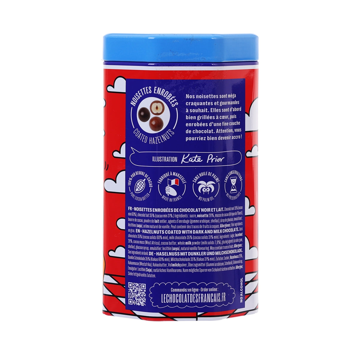 Dark and milk chocolate covered hazelnuts tin, back label with nutrition and icons