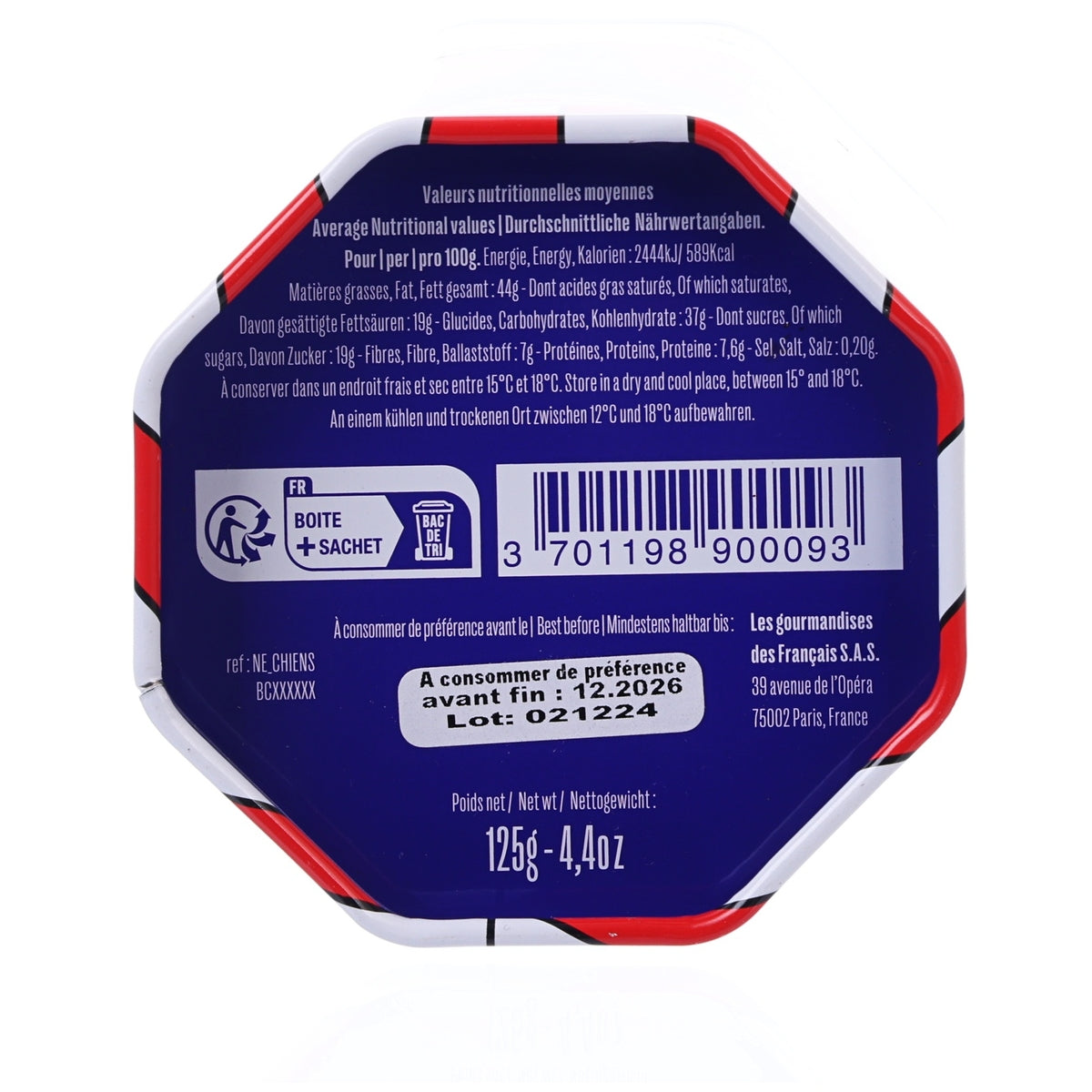 Dark and milk chocolate covered hazelnuts tin, barcode and net weight label
