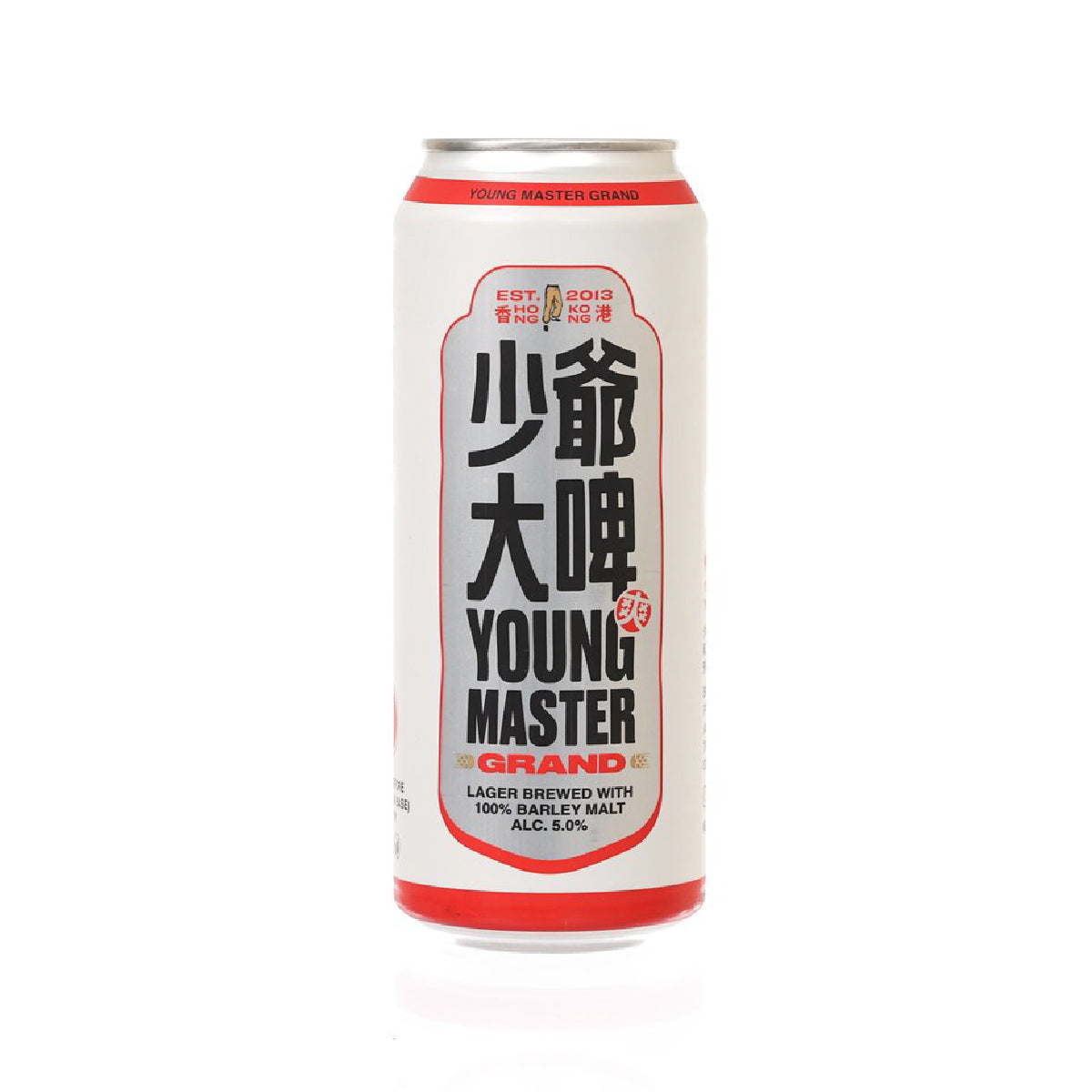 White beer can with red pull-top and large YOUNG MASTER GRAND label, 500 mL