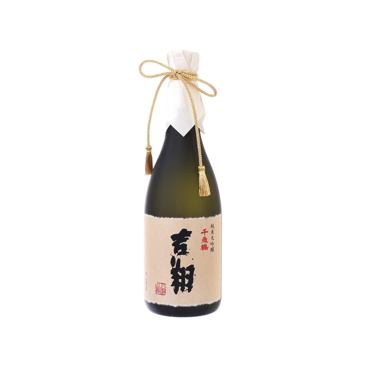 Sake bottle with gold rope tied cap and pale label featuring Japanese characters