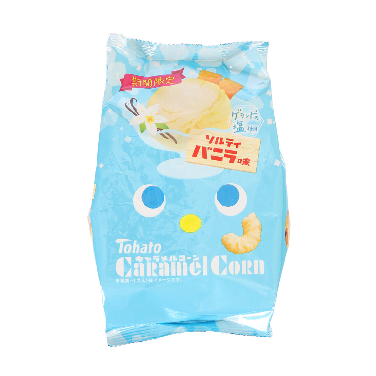 TOHATO caramel corn snack pouch, blue packaging with popcorn and vanilla design