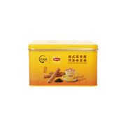 Yellow milk tea eggroll tin with front label and flip-top lid