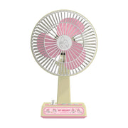 Vintage desk fan with pink My Melody face, beige stand, and pink base label