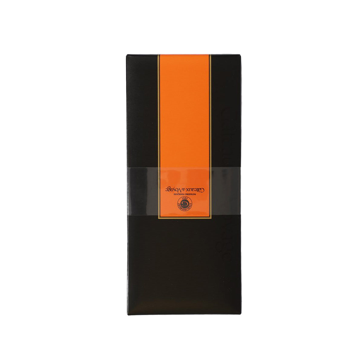 Black and orange gateaux gift box with ribbon-style center band and brand logo