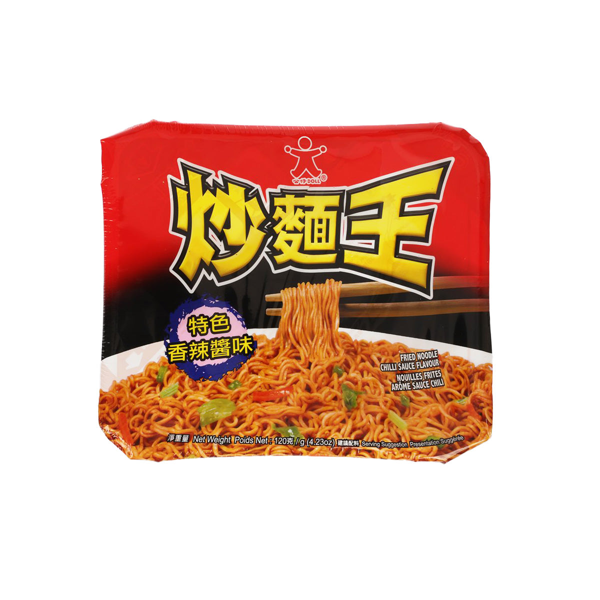 Chili sauce instant fried noodle pack, red front label, 120 g