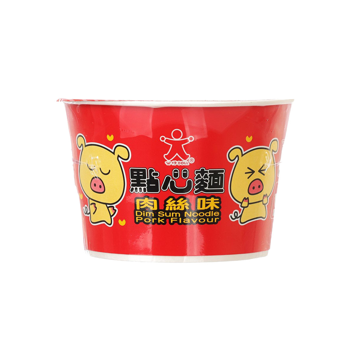 Red dim sum noodle cup with pig cartoon graphics, pork flavour and white rim