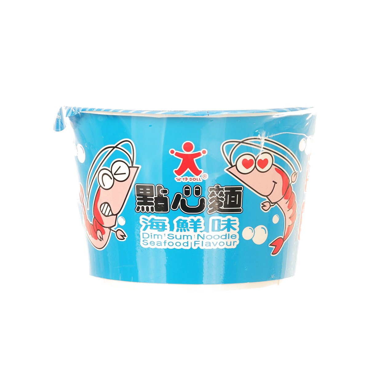 DOLL seafood dim sum noodle cup, blue wrap with seafood flavor graphics