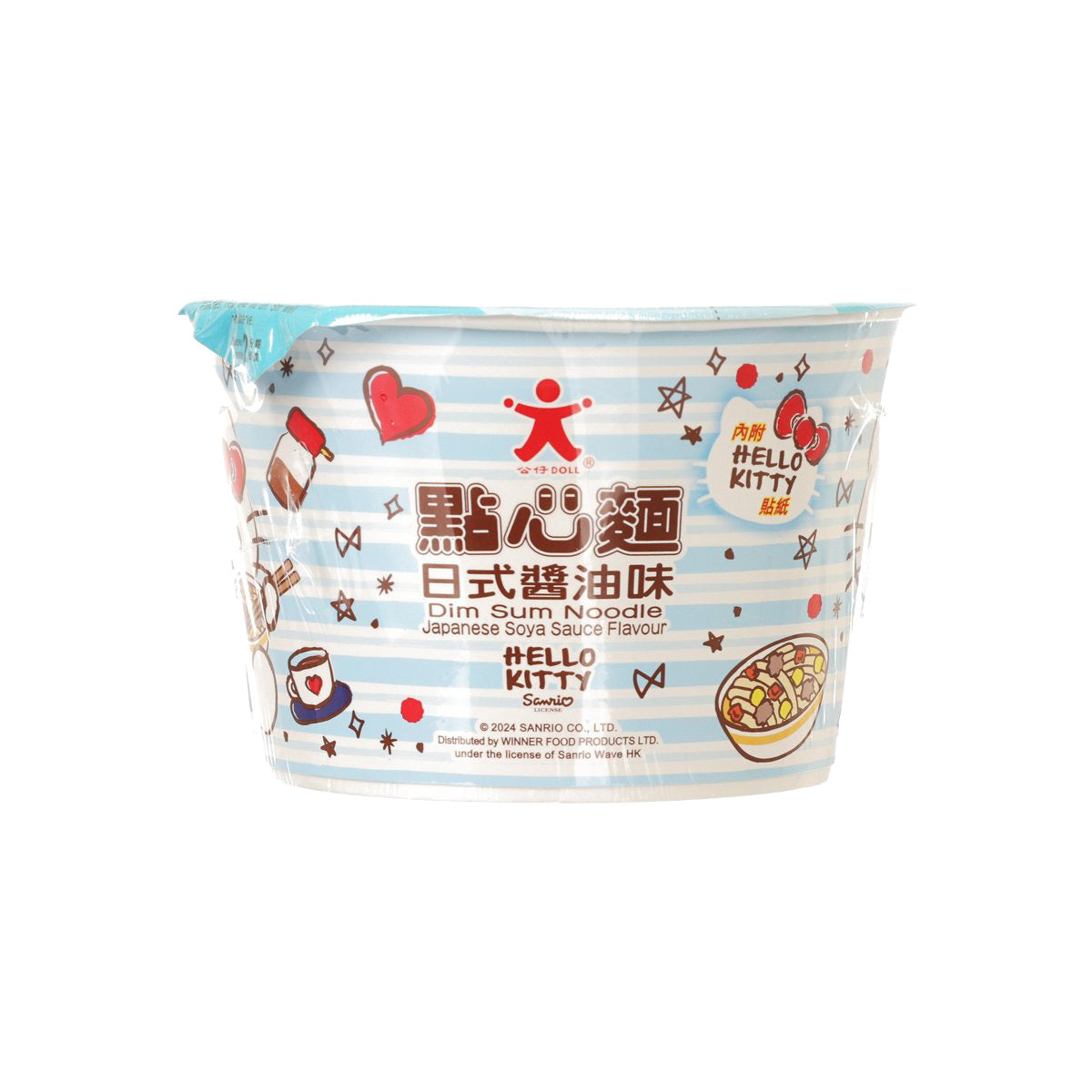 Japanese soy sauce flavor noodle cup with Hello Kitty artwork and red DOLL logo