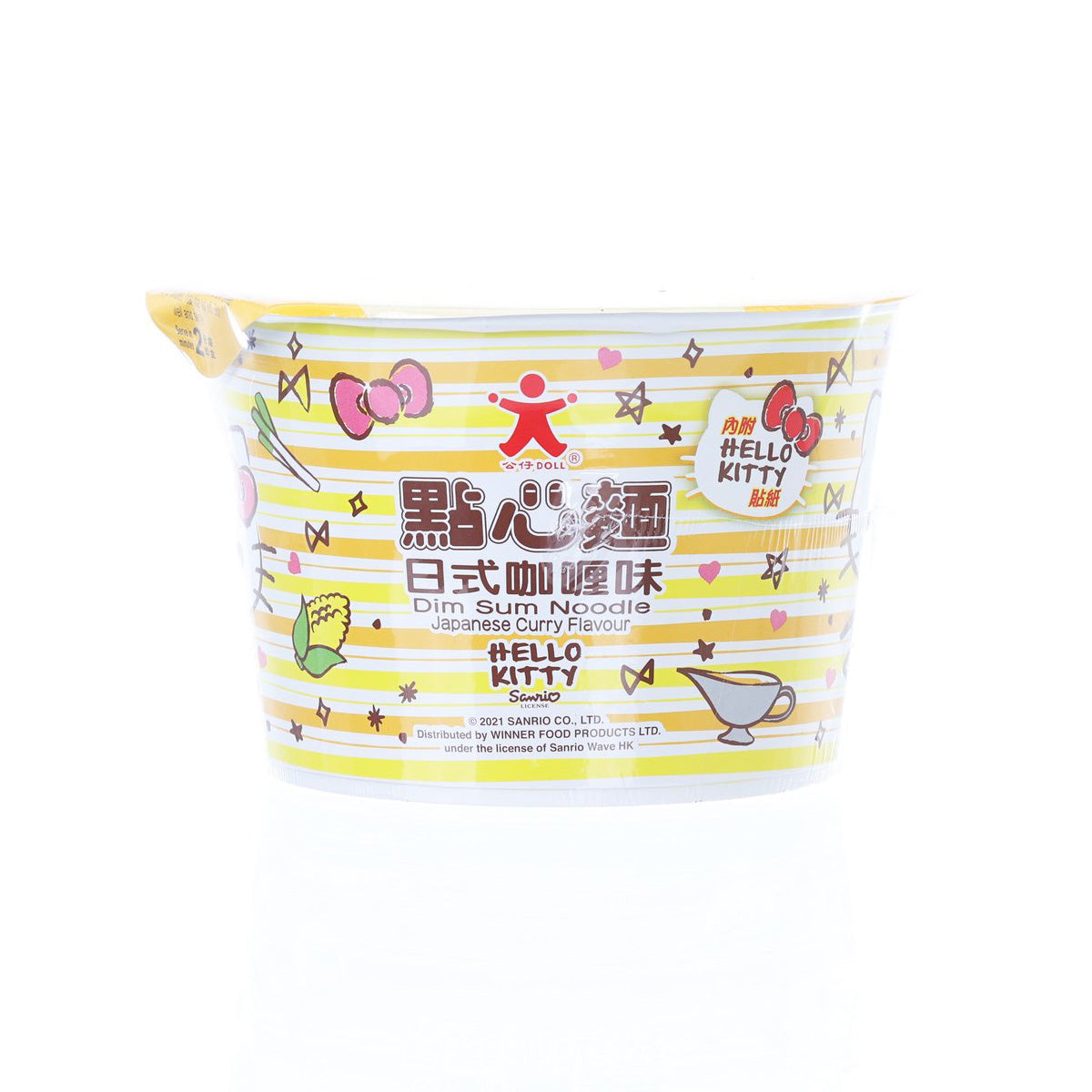 DOLL dim sum noodle cup, white cup with Japanese curry flavor graphics