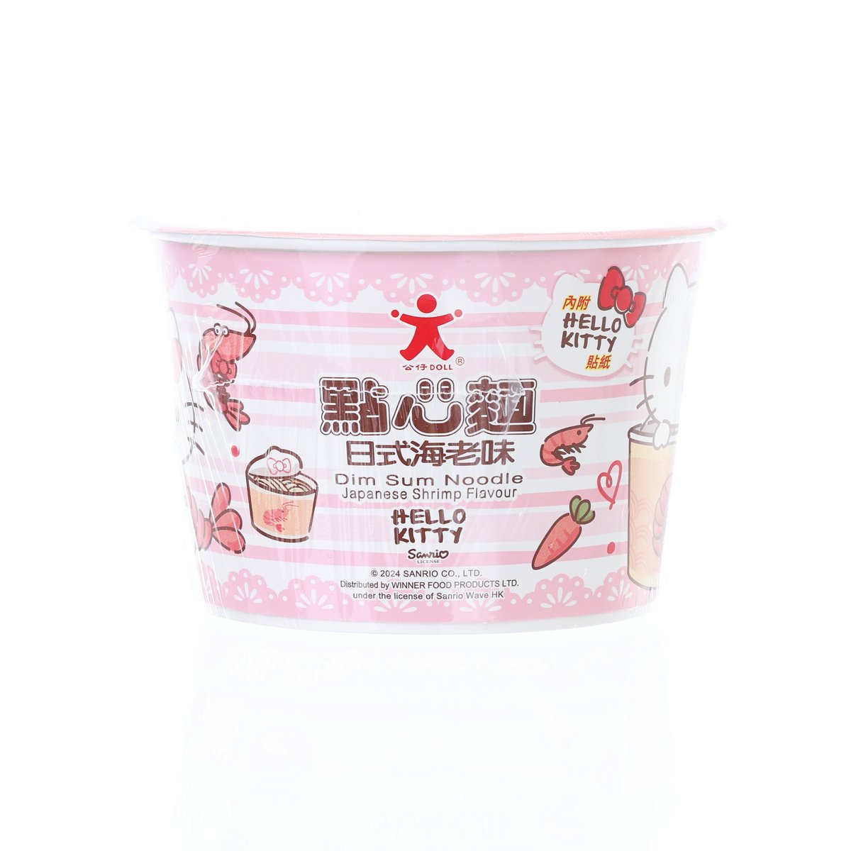 Noodle cup with Hello Kitty front design and Japanese shrimp flavor text