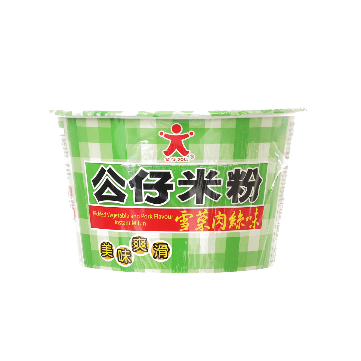 Green checkered instant noodle bowl cup with front label view