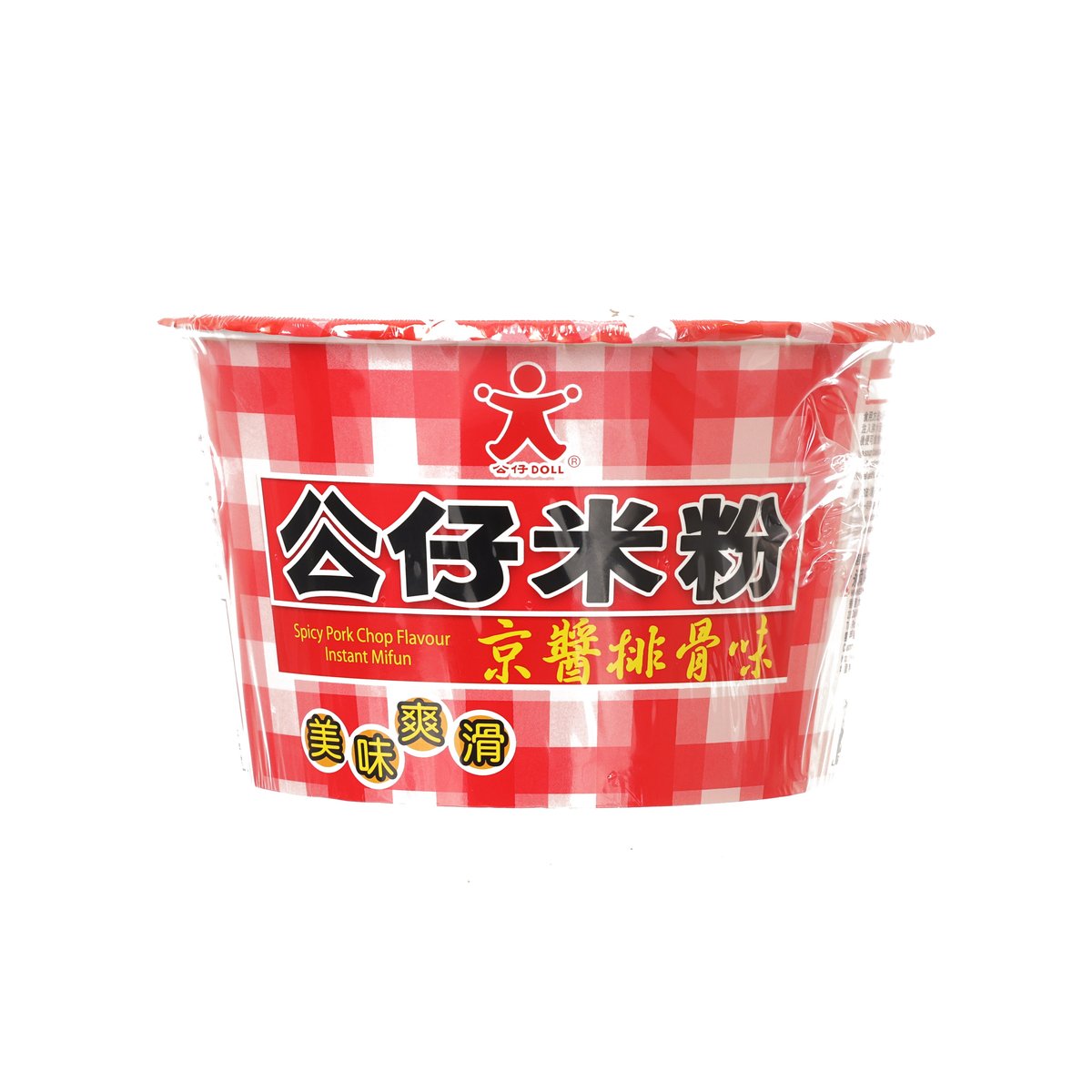 Instant Mifun spicy pork chop flavor bowl, red checkered cup packaging