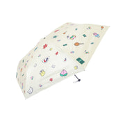 53cm manual umbrella, light cream with colorful doodle icons, closed with tie strap