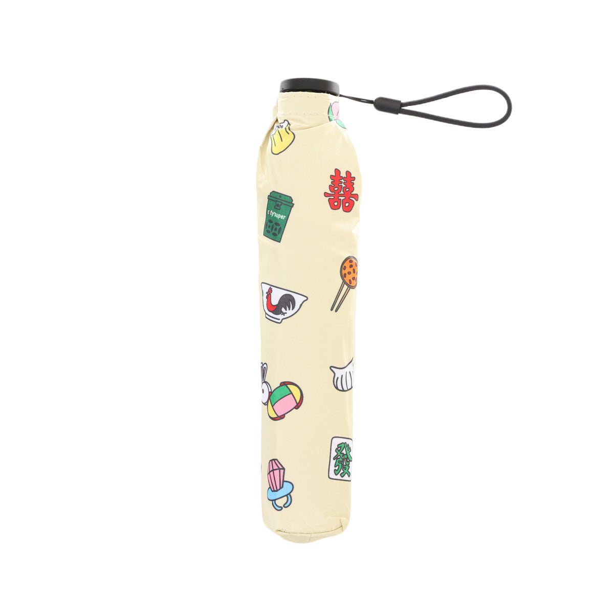 53cm manual umbrella cover, cream with playful food icons, black wrist strap