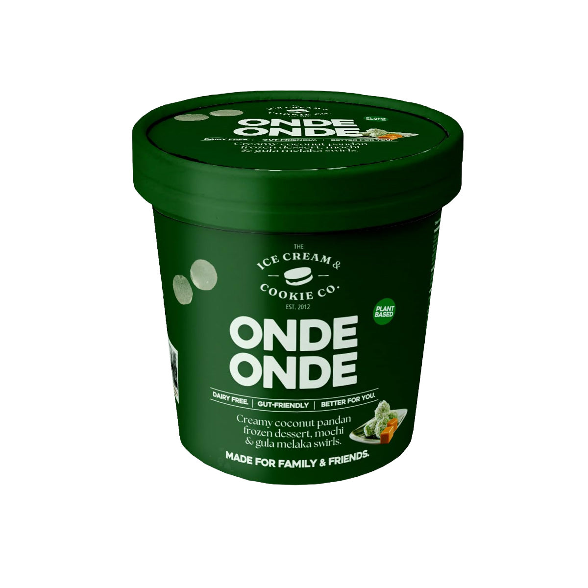 Green onde onde frozen dessert tub with matching lid, 473 mL