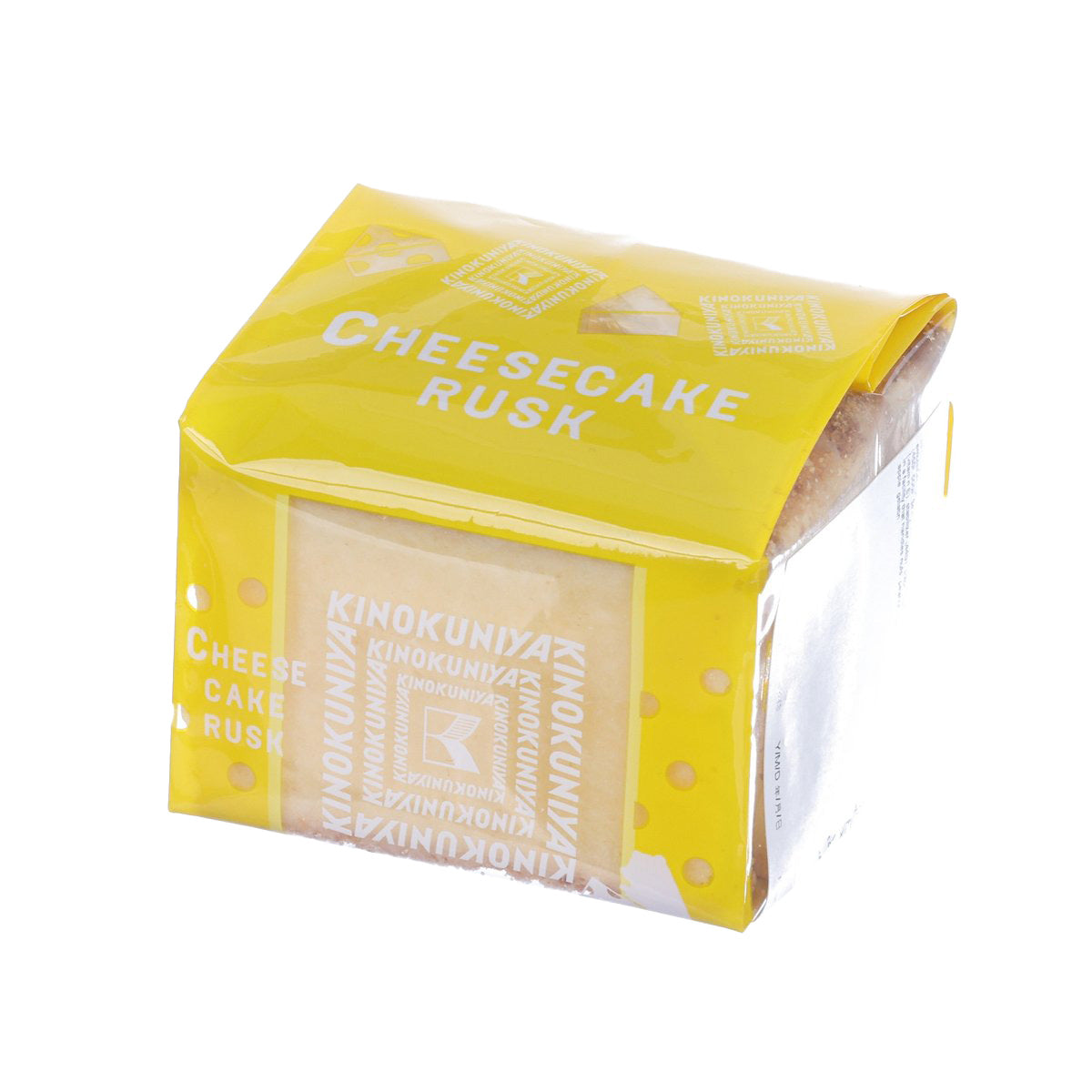 Cheese cake rusk snack pack with front branding and clear window on yellow wrapper