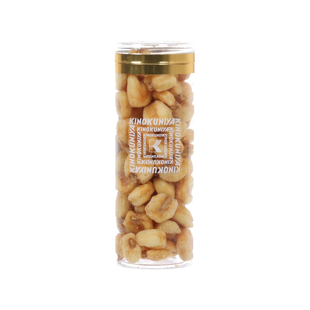 KINOKUNIYA giant corn snack jar with gold lid, filled with crunchy corn pieces