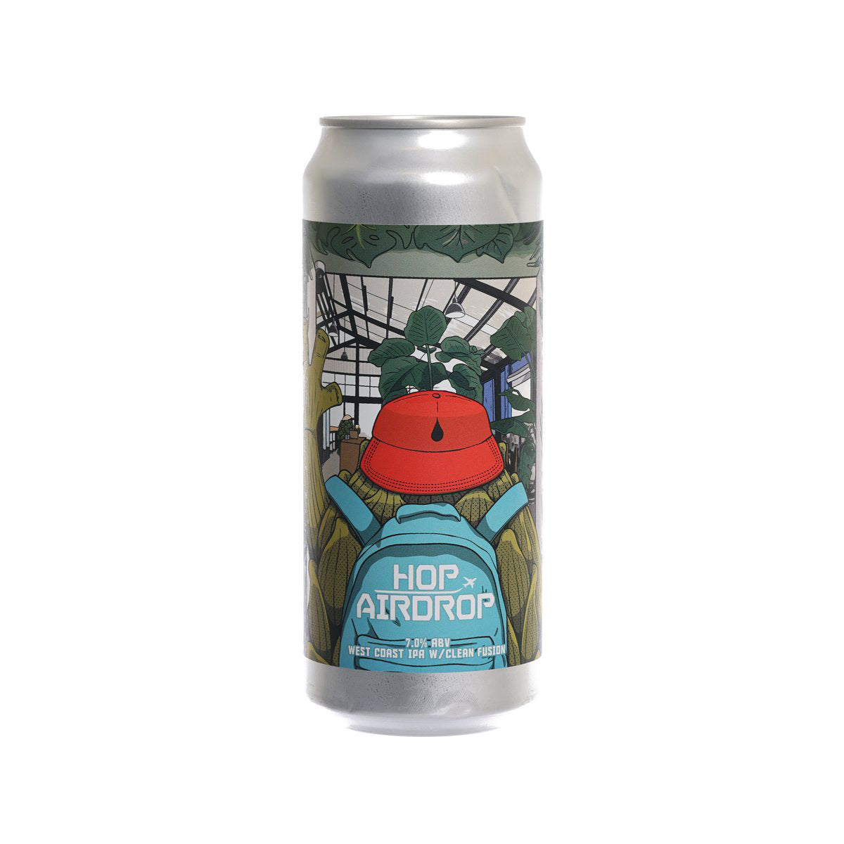 Hop Airdrop West Coast IPA beer can with red and blue illustrated front label