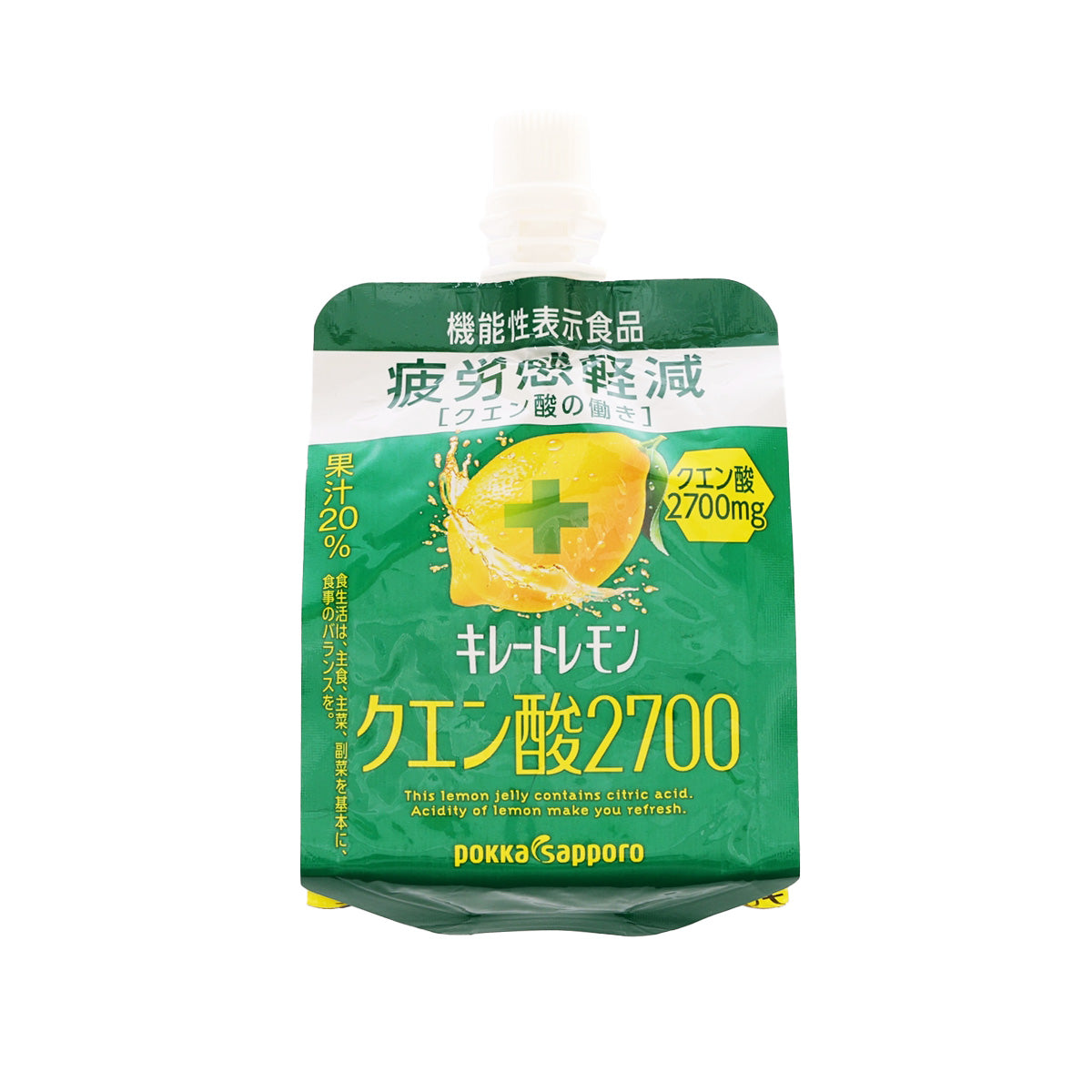 POKKA SAPPORO lemon jelly drink pouch, green with yellow lemon graphic and spout