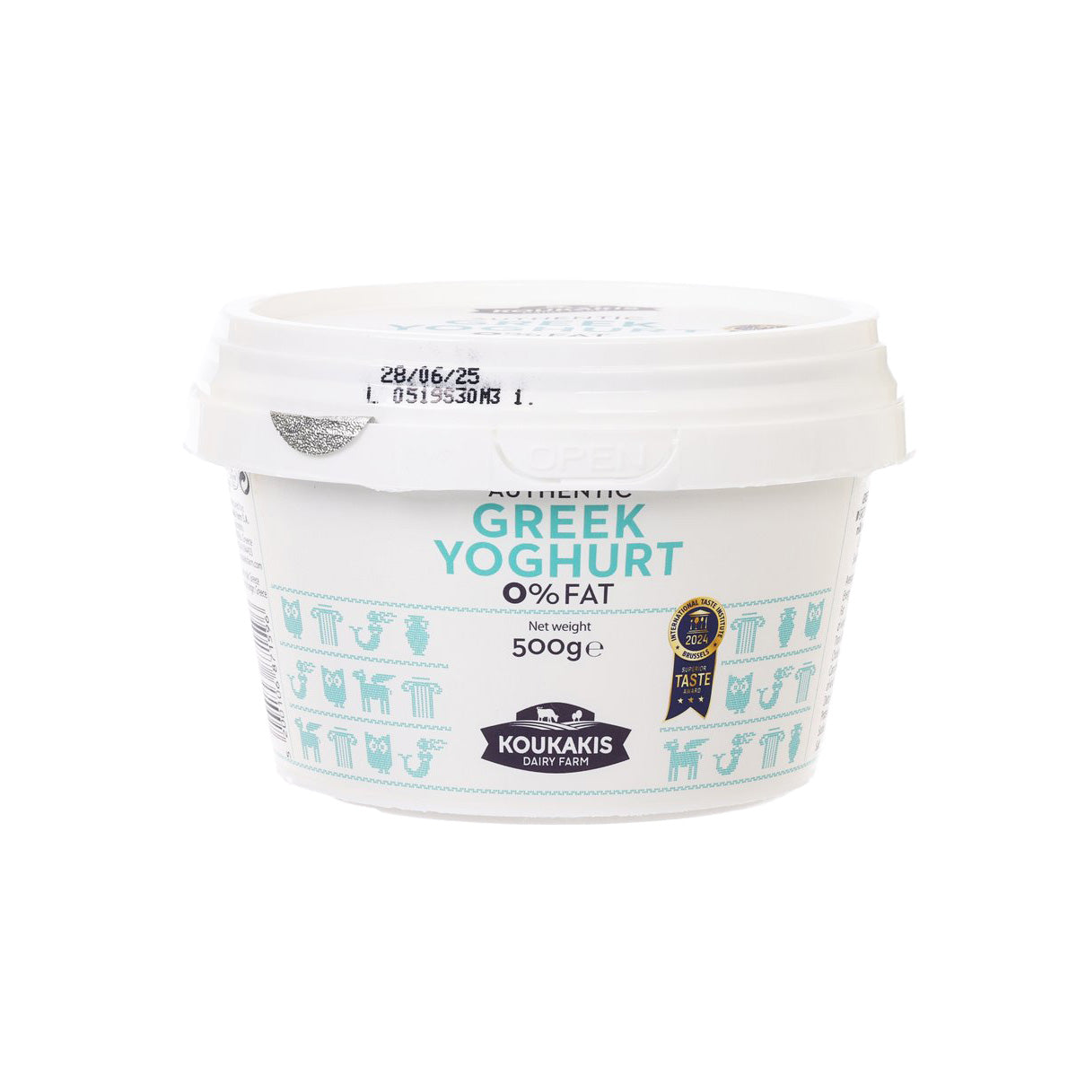 KOUKAKIS Greek yogurt 0% fat tub, 500 g, teal pattern side label