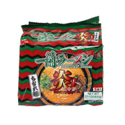Instant ramen noodle soup mix pack with red and green chevron design, 5 servings