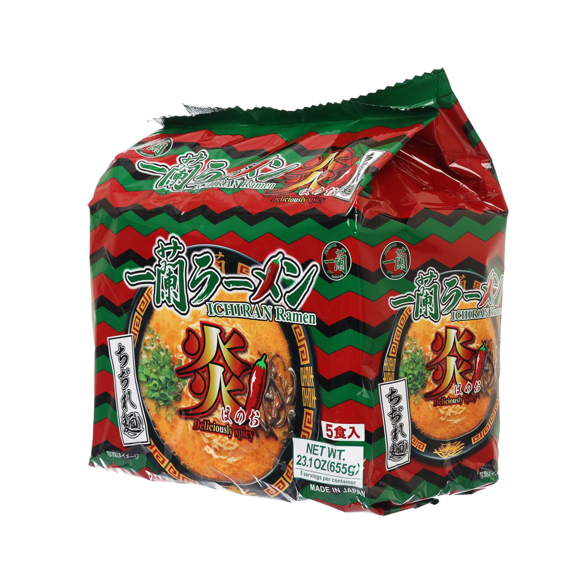 Instant ramen noodle soup mix with two red and green chevron packs, 5 servings each