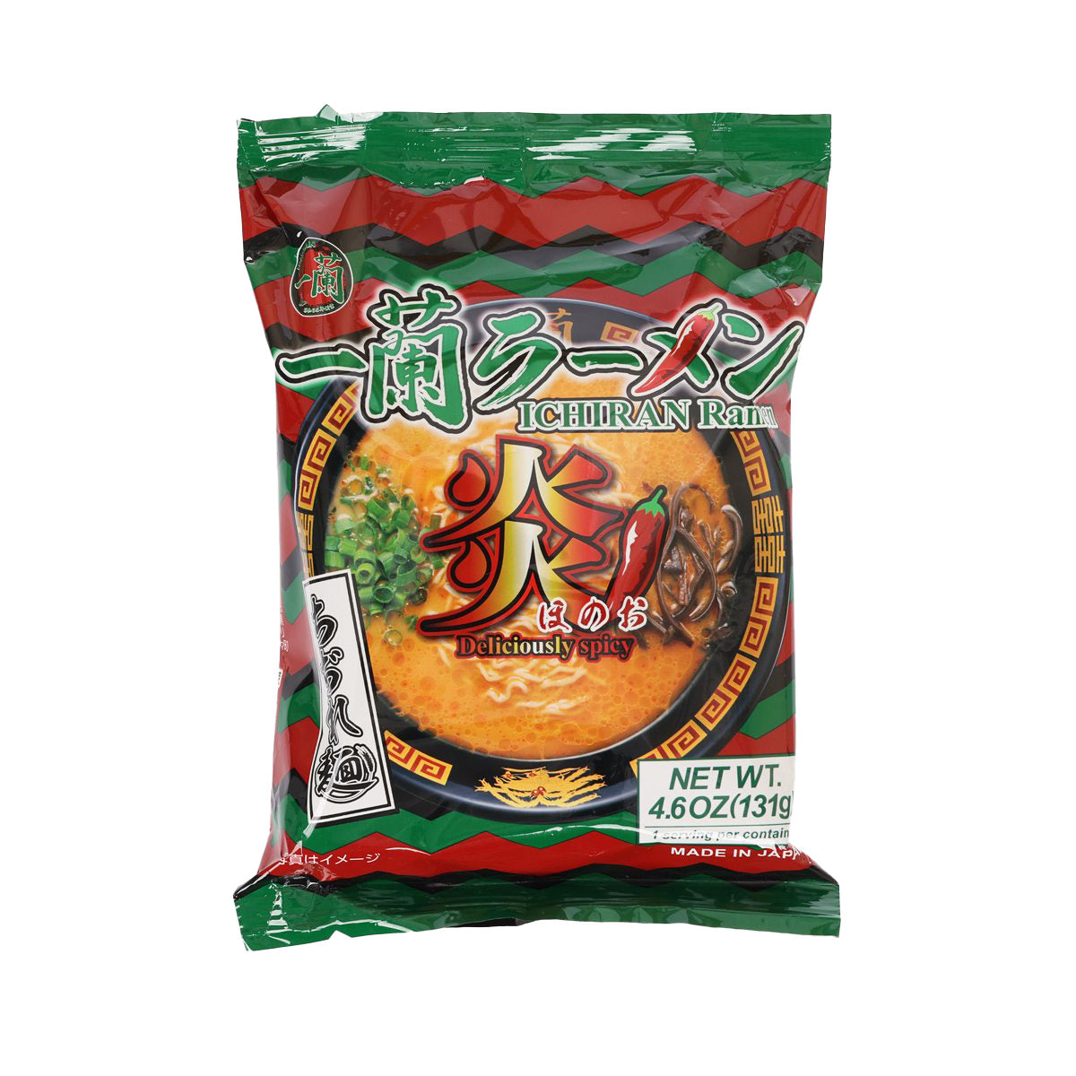 Instant ramen noodle soup packet with green and red front graphic