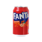 FANTA fruit twist soda can, red front label with fruit graphic and citrus slice