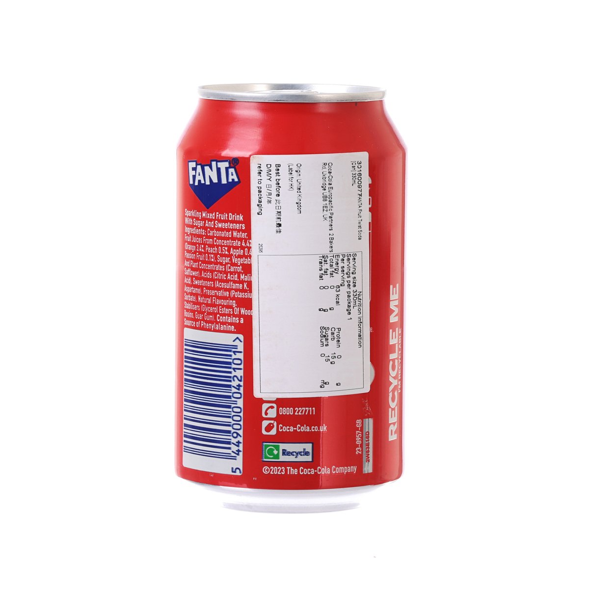 Fruit twist soda can back with barcode and recycling info label