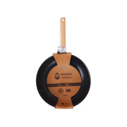 28cm deep fry pan with black exterior and light wood handle