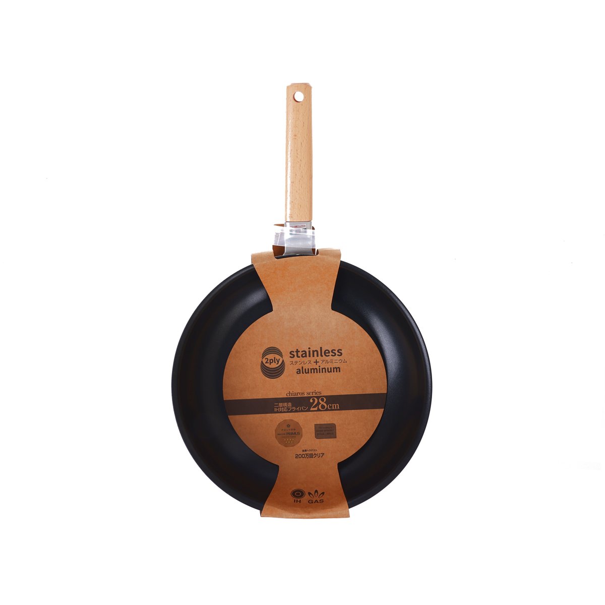 28cm deep fry pan with black exterior and light wood handle