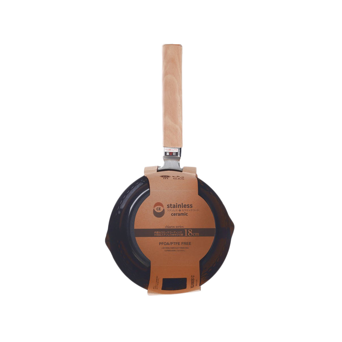 Stainless ceramic-coated cooking pot with wooden handle, circular base, 18 cm