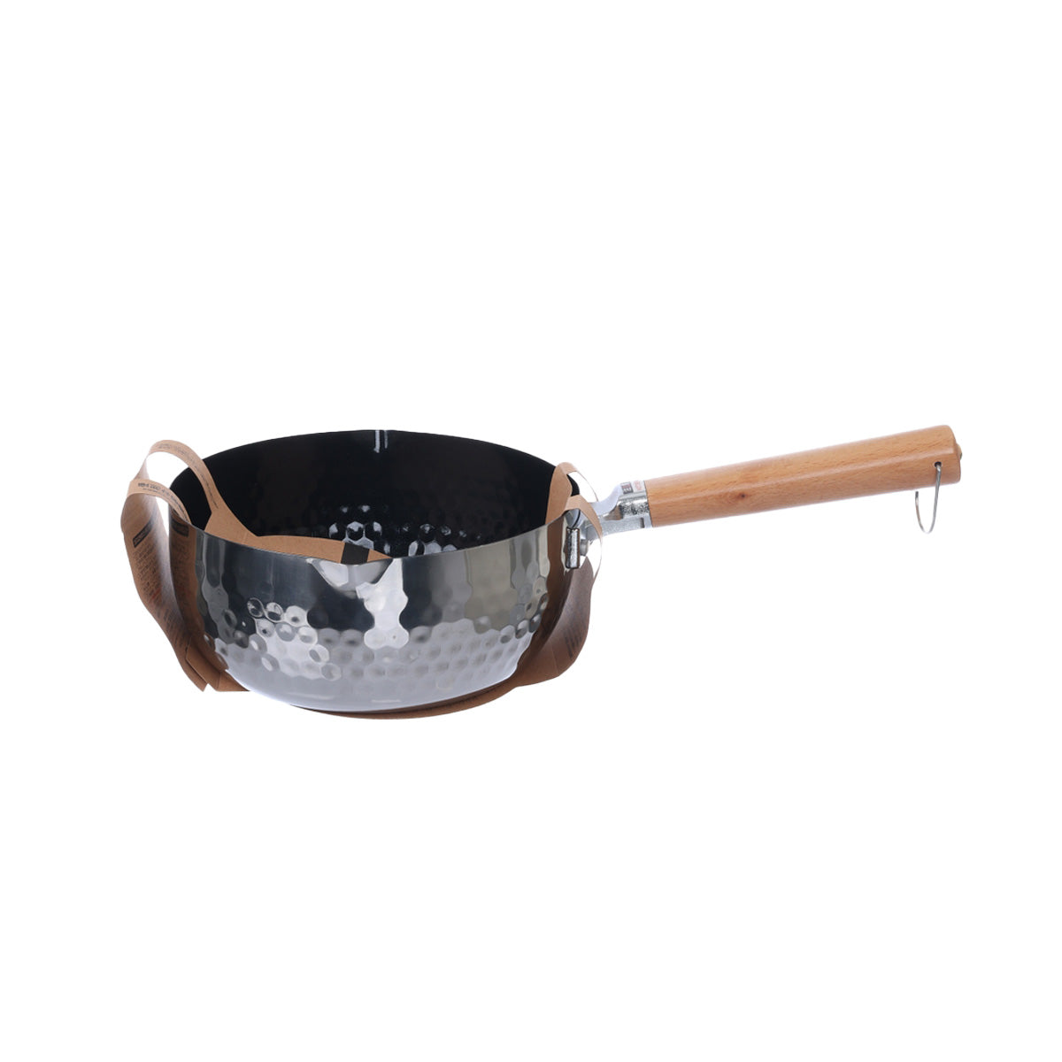 Ceramic-coated yukihira pot, 20cm, side view of hammered steel bowl and handle