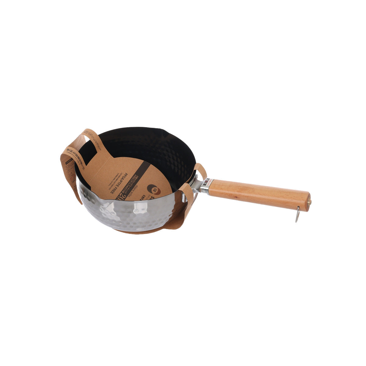 Ceramic-coated yukihira pot, 20cm, wooden handle with dark base and steel bowl