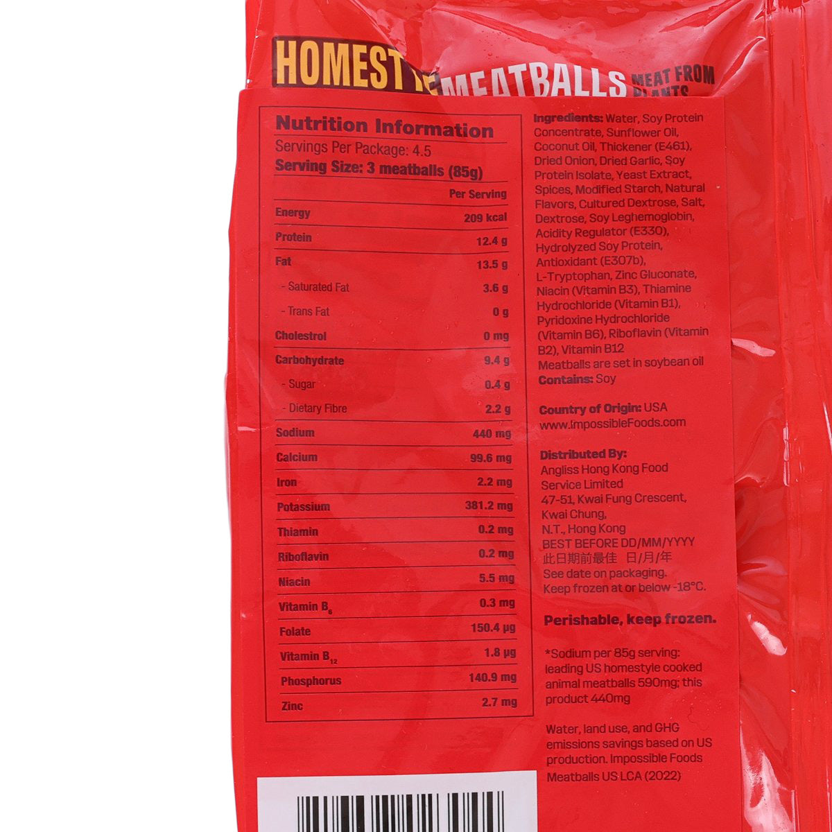 IMPOSSIBLE homestyle meatballs pouch, nutrition facts and ingredients text panel