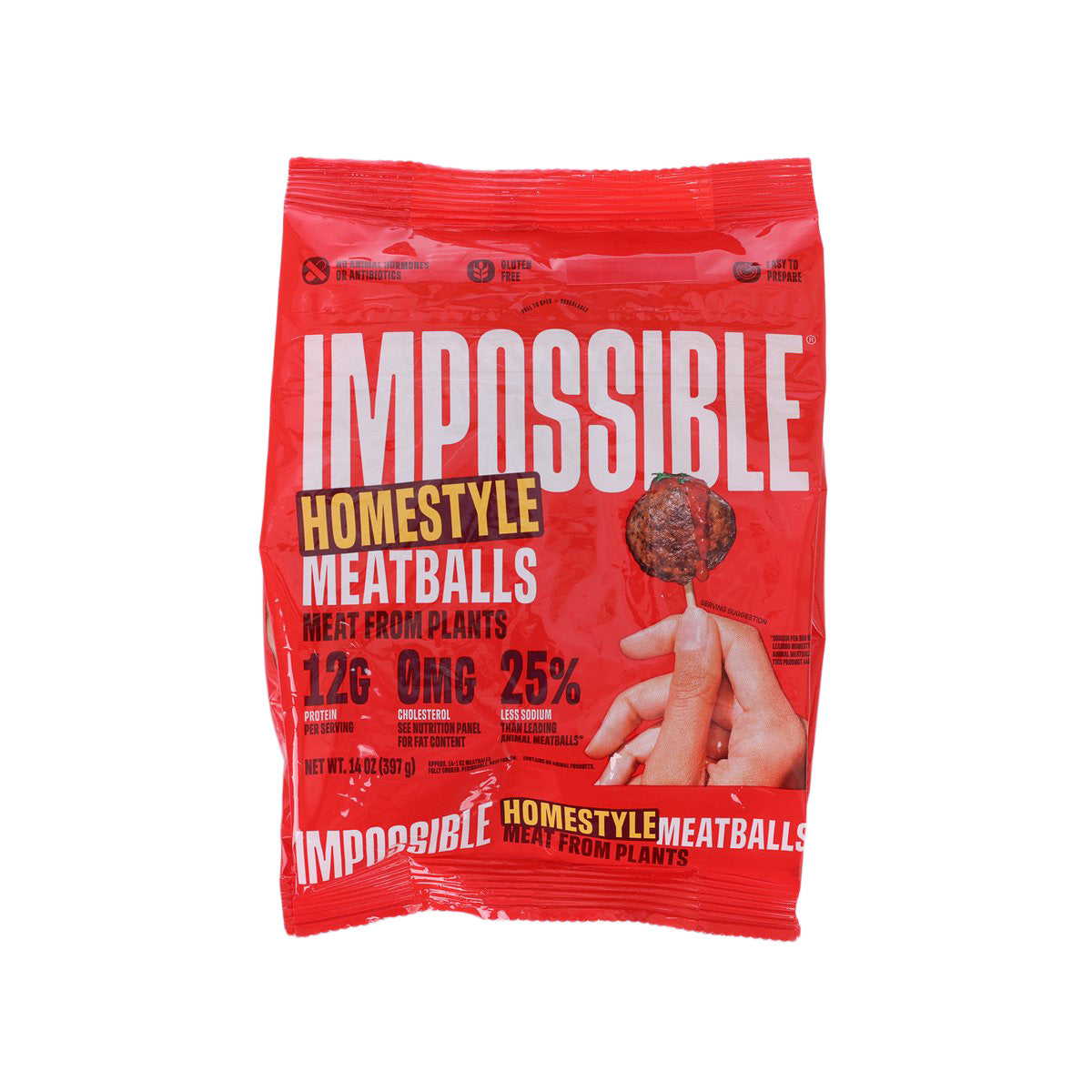 IMPOSSIBLE homestyle meatballs pouch, red package with front label