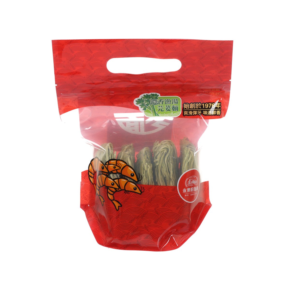 Coriander fish soup noodle seasoning packet, red bag with handle and fish artwork