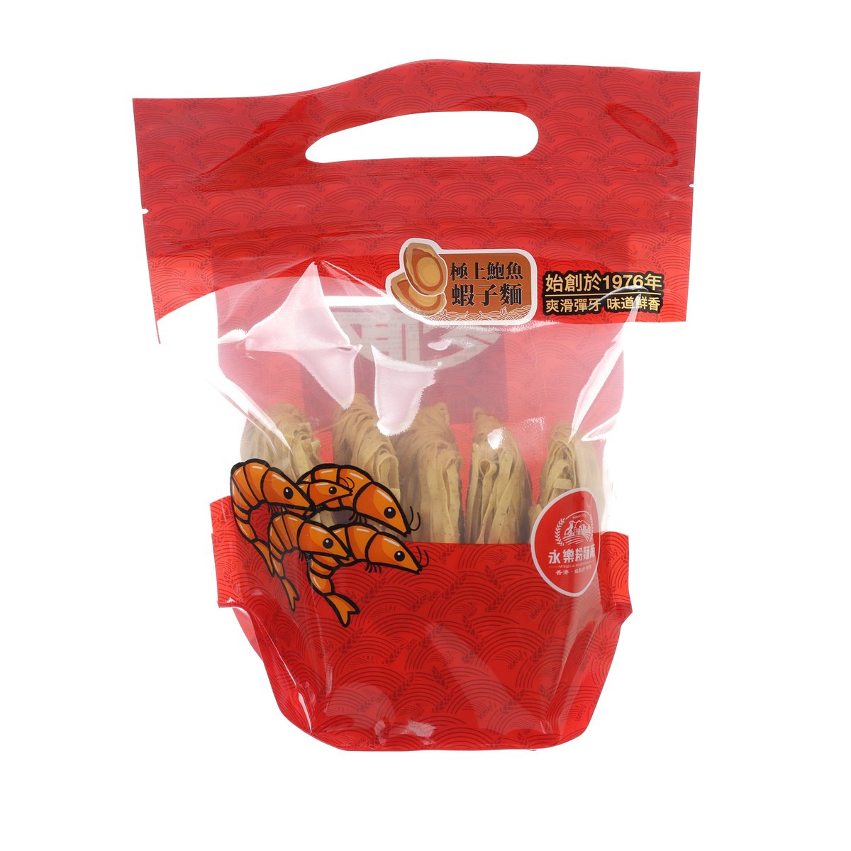 Red shrimp roe noodle seasoning pouch with handle and shrimp illustration