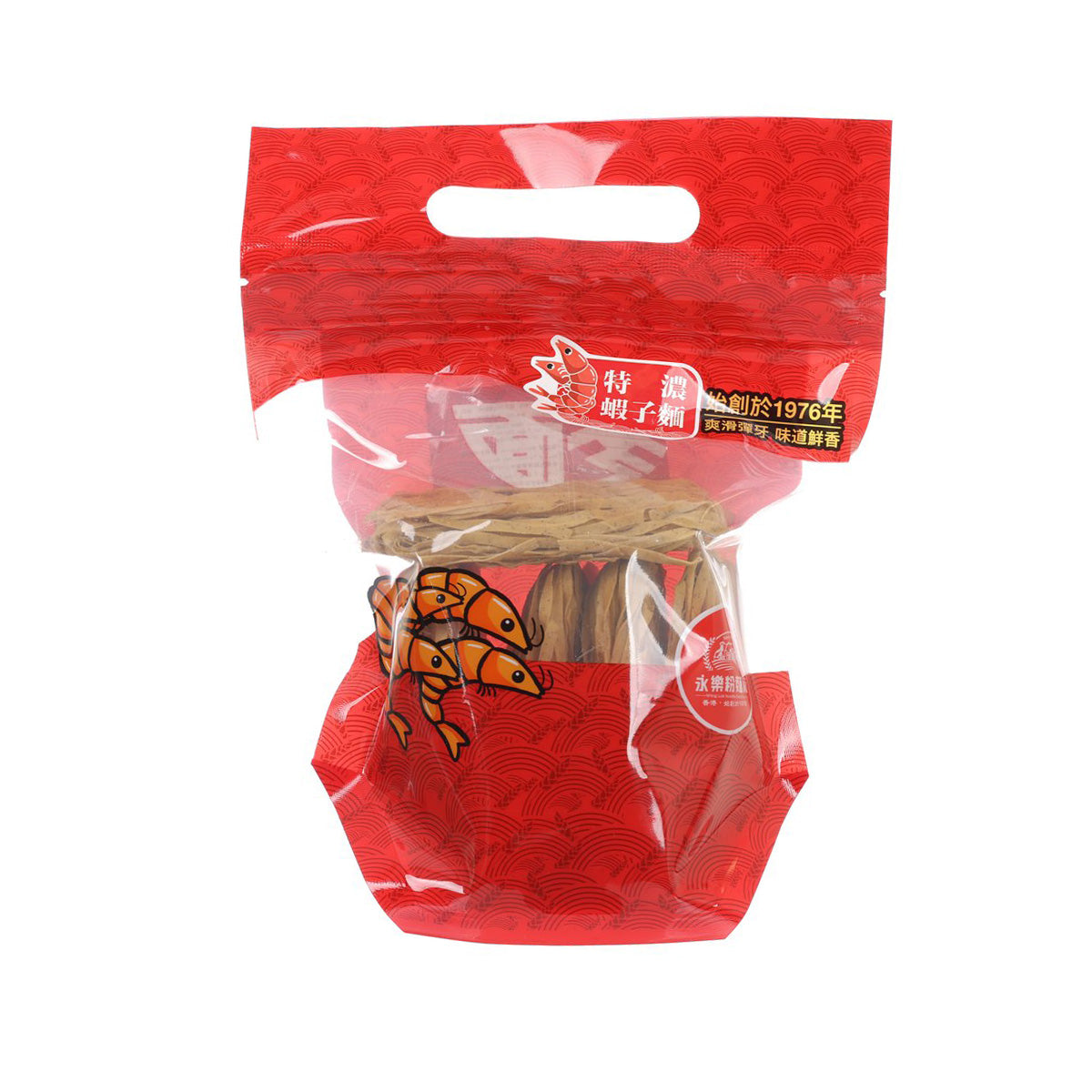 WING LOK thick shrimp roe noodle pack, red pouch with handle and visible noodle pieces